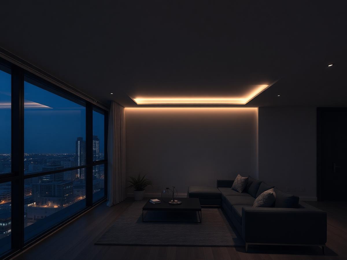 Modern apartment interior at night with automated linear lighting