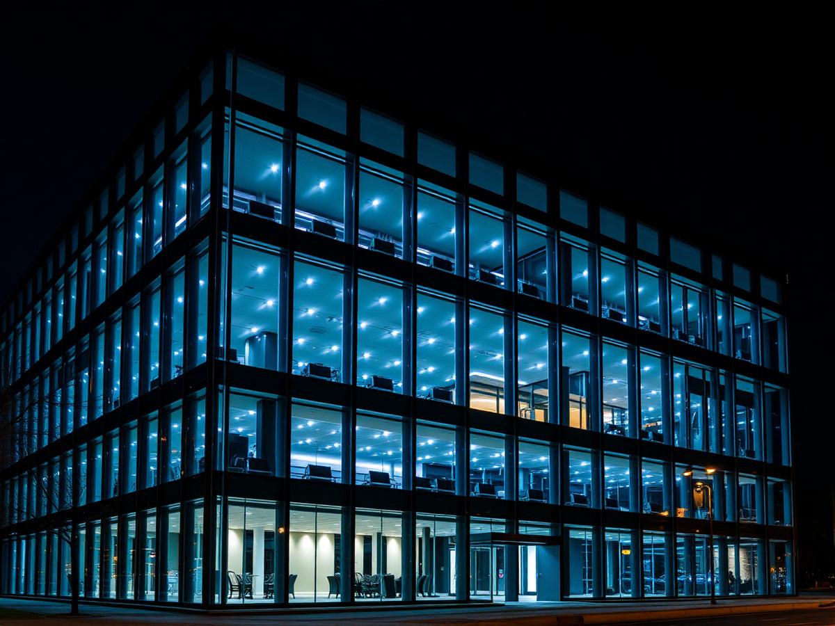 Modern glass commercial building at night with managed interior lighting