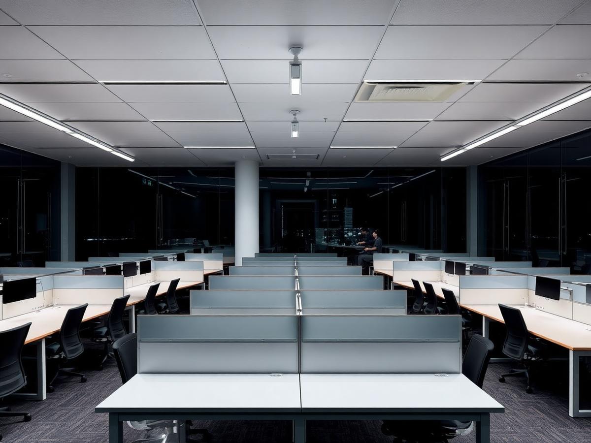 Modern office interior with automated lighting and climate systems