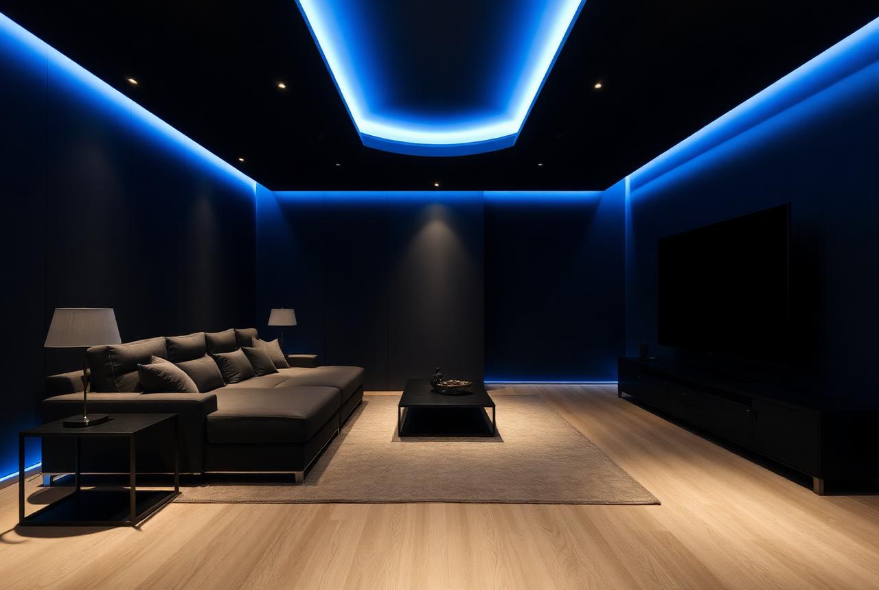Luxury living room in cinema lighting scene with low ambient light