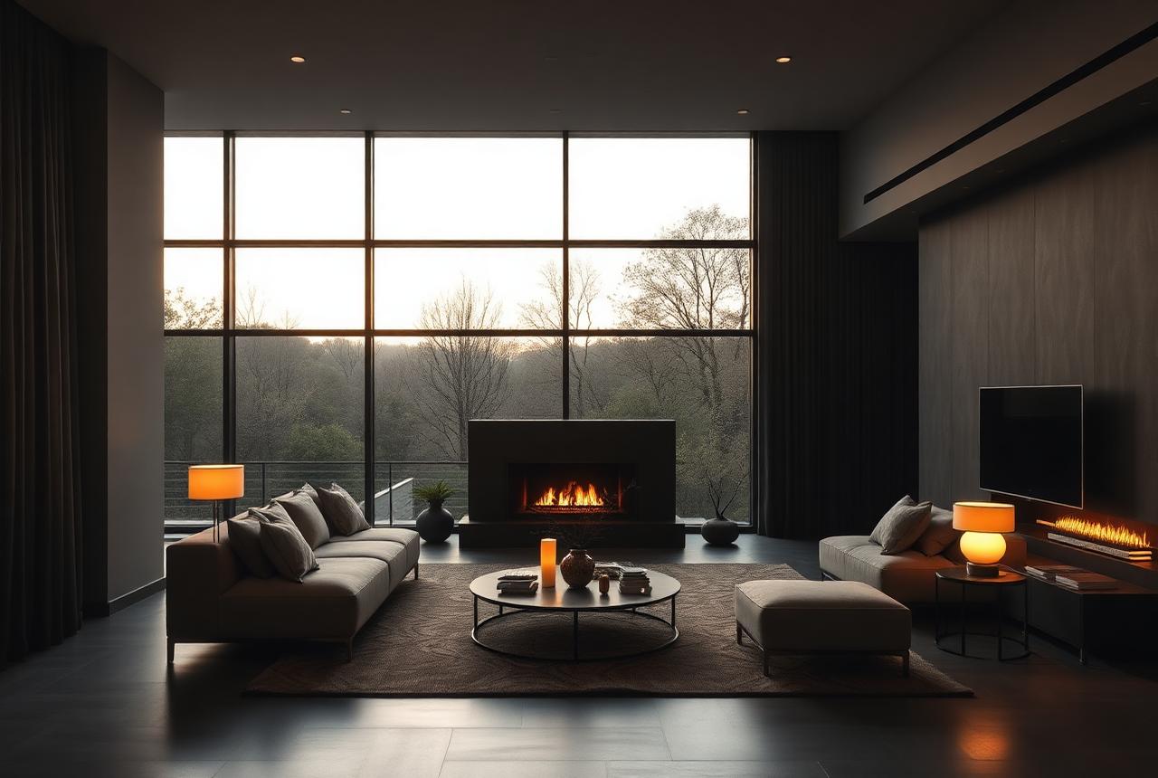 Luxury living room with warm evening lighting scene