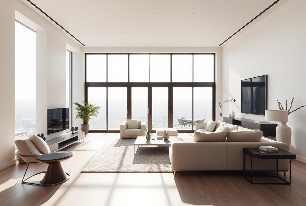 Luxury living room in bright natural morning light with automated blinds open